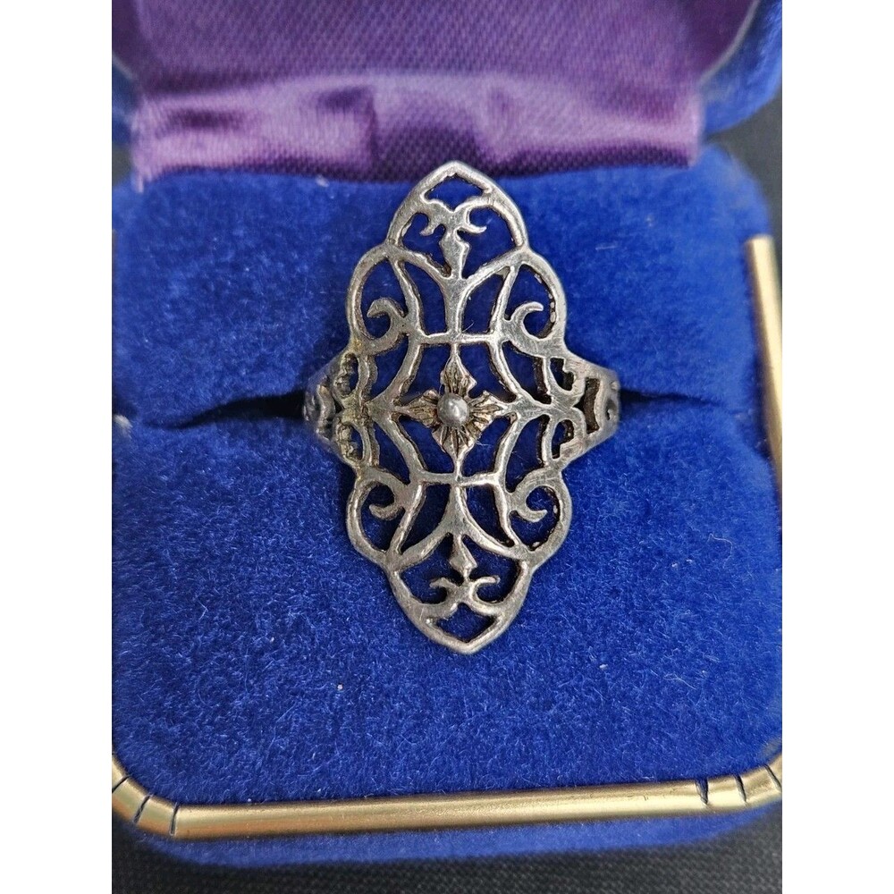 Vintage 925 Sterling Silver Floral Filigree Long Marquise Shield Ring Size 6